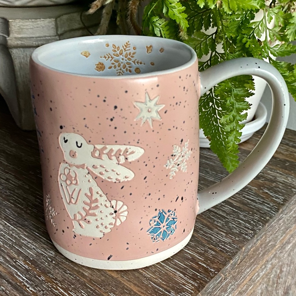 Winter Christmas Coffee Mug World Market Bunny Rabbit Snowflakes Tree Pink White